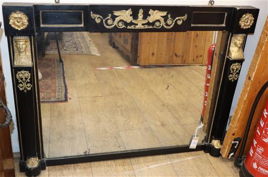 A 19th century Empire style ebonised and gilt metal mounted overmantel mirror with original glass W.99cm